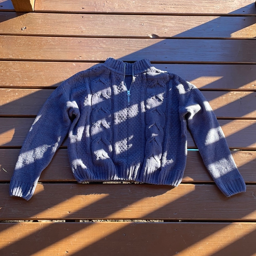 Quarter zip blue/gray cable knit sweater, very cozy. Size small